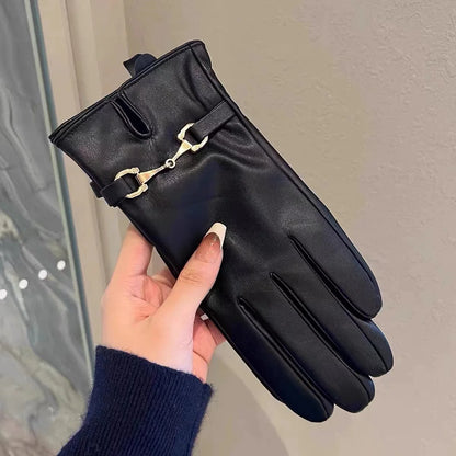 Women's Leather Gloves Touchscreen Compatible Buckle Detail