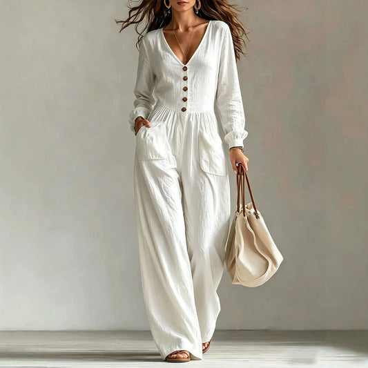 Women's Linen Blend Jumpsuit Wide-Leg Pockets