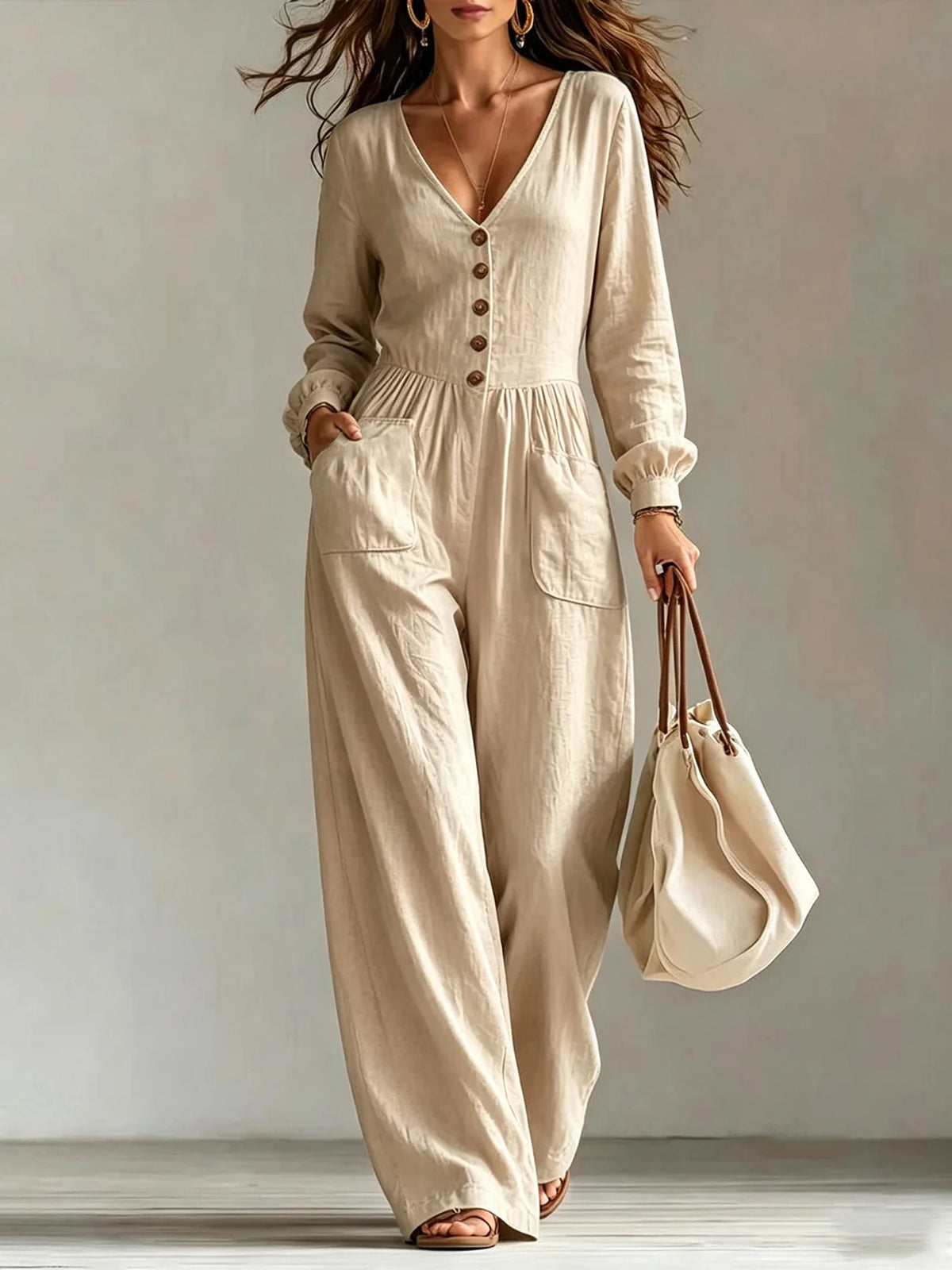 Women's Linen Blend Jumpsuit Wide-Leg Pockets