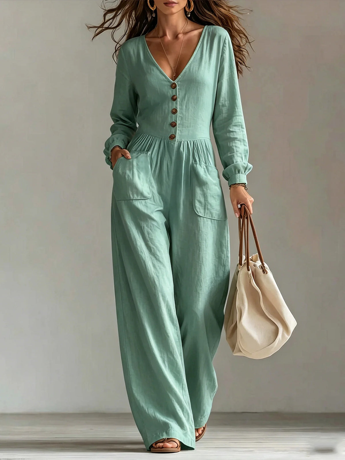 Women's Linen Blend Jumpsuit Wide-Leg Pockets