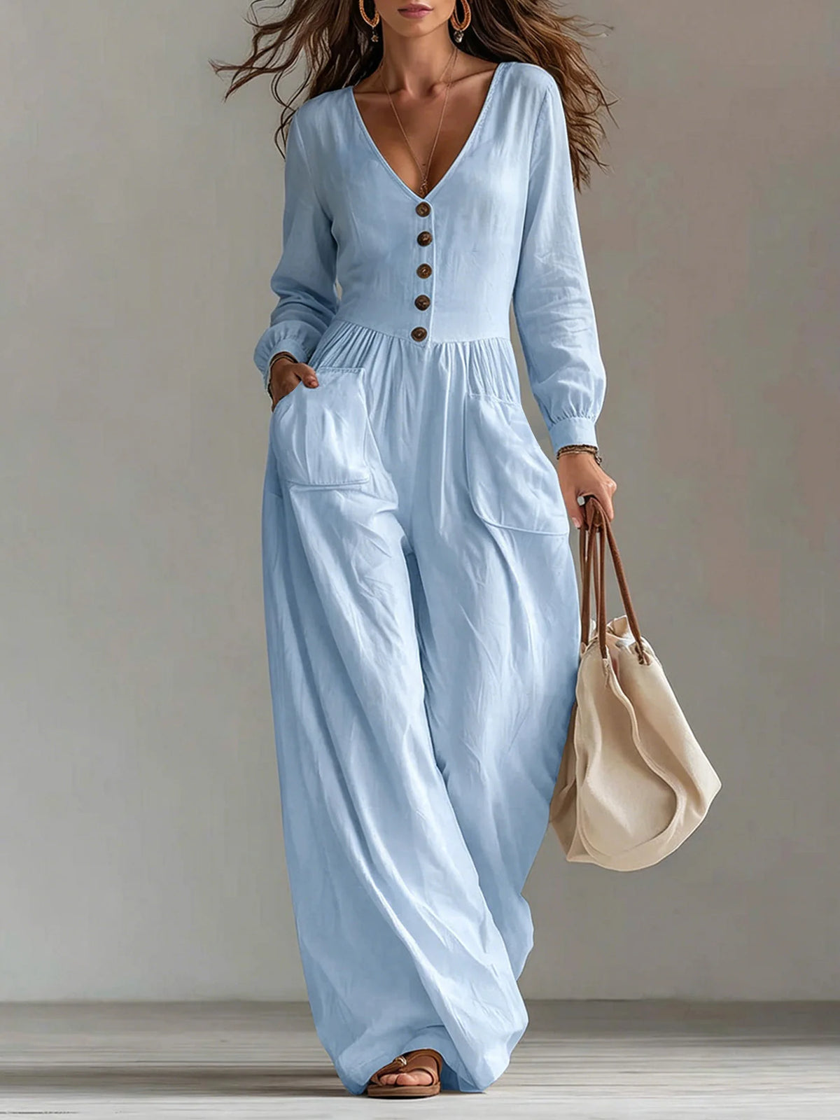 Women's Linen Blend Jumpsuit Wide-Leg Pockets
