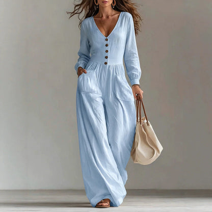 Women's Linen Blend Jumpsuit Wide-Leg Pockets