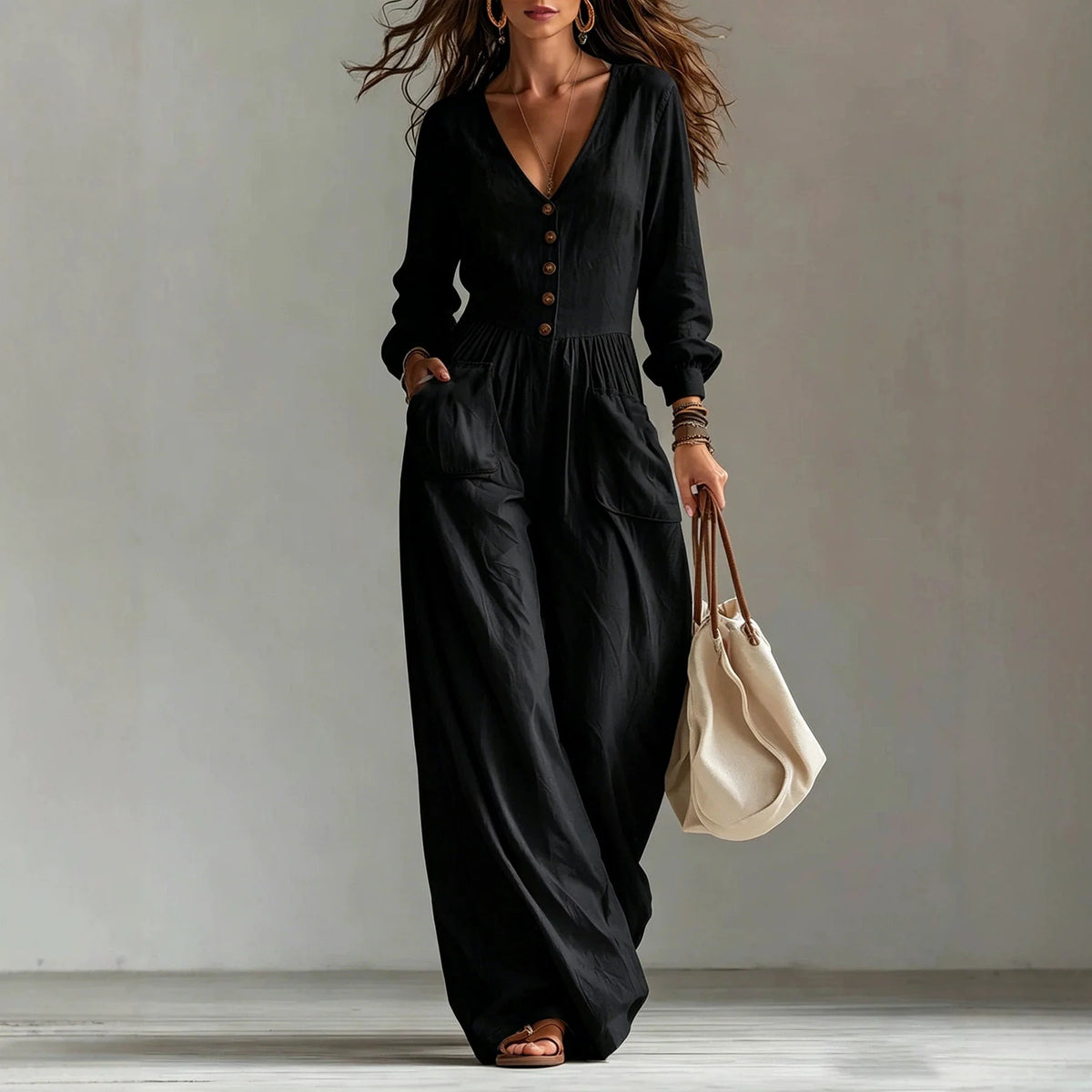Women's Linen Blend Jumpsuit Wide-Leg Pockets