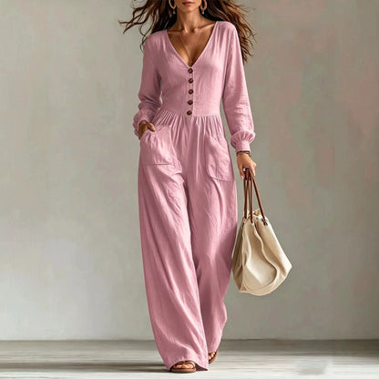 Women's Linen Blend Jumpsuit Wide-Leg Pockets