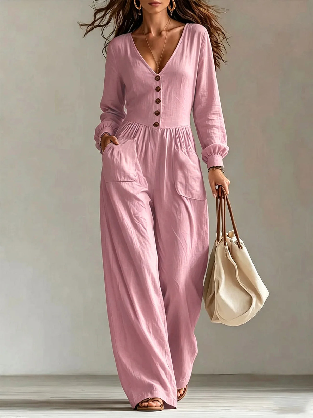 Women's Linen Blend Jumpsuit Wide-Leg Pockets