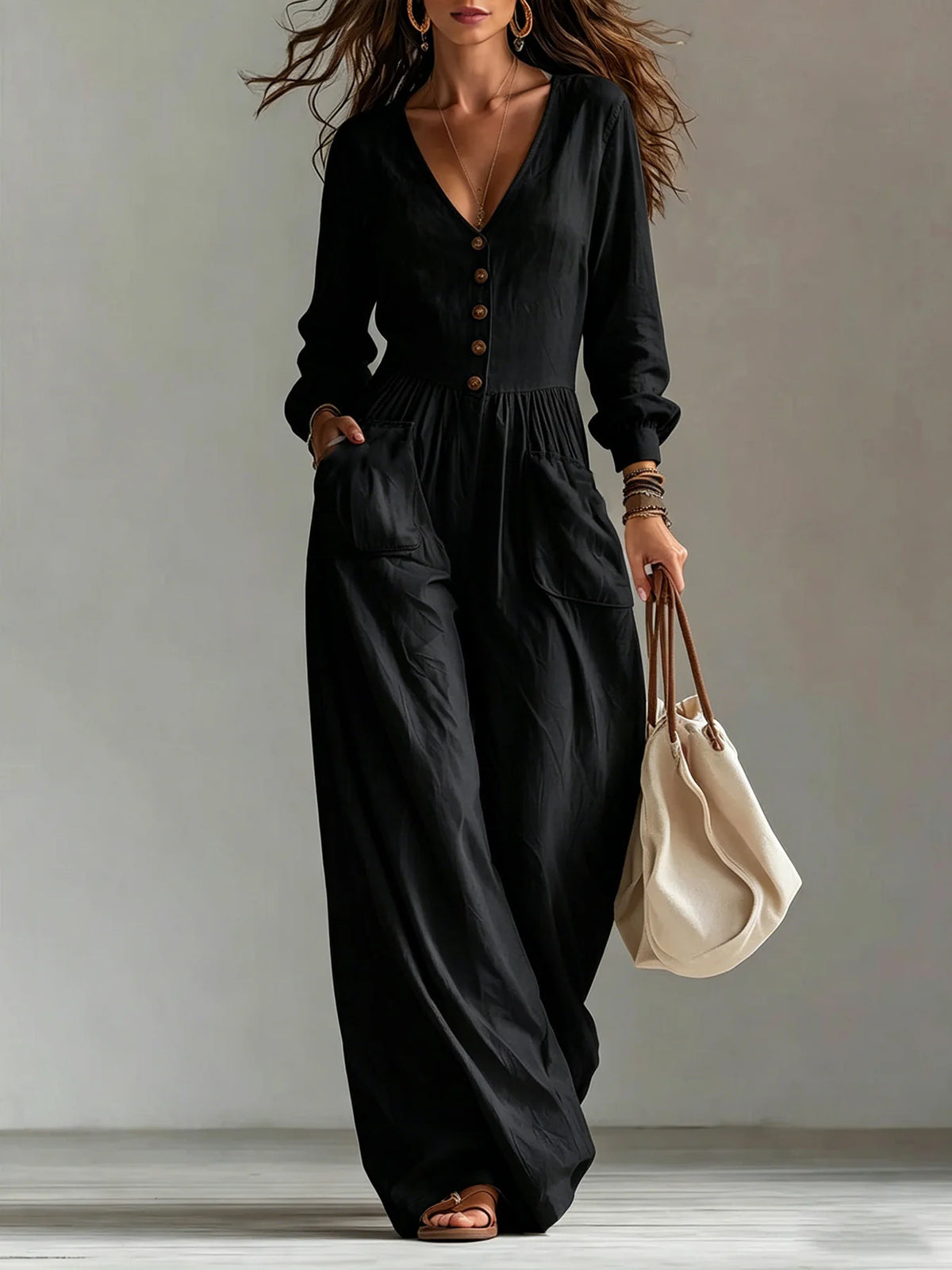 Women's Linen Blend Jumpsuit Wide-Leg Pockets