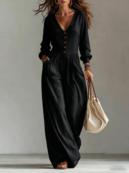 Women's Linen Blend Jumpsuit Wide-Leg Pockets