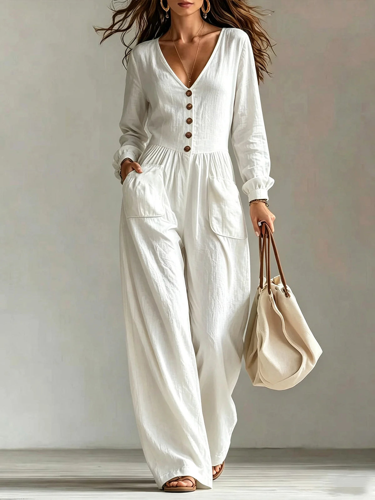 Women's Linen Blend Jumpsuit Wide-Leg Pockets