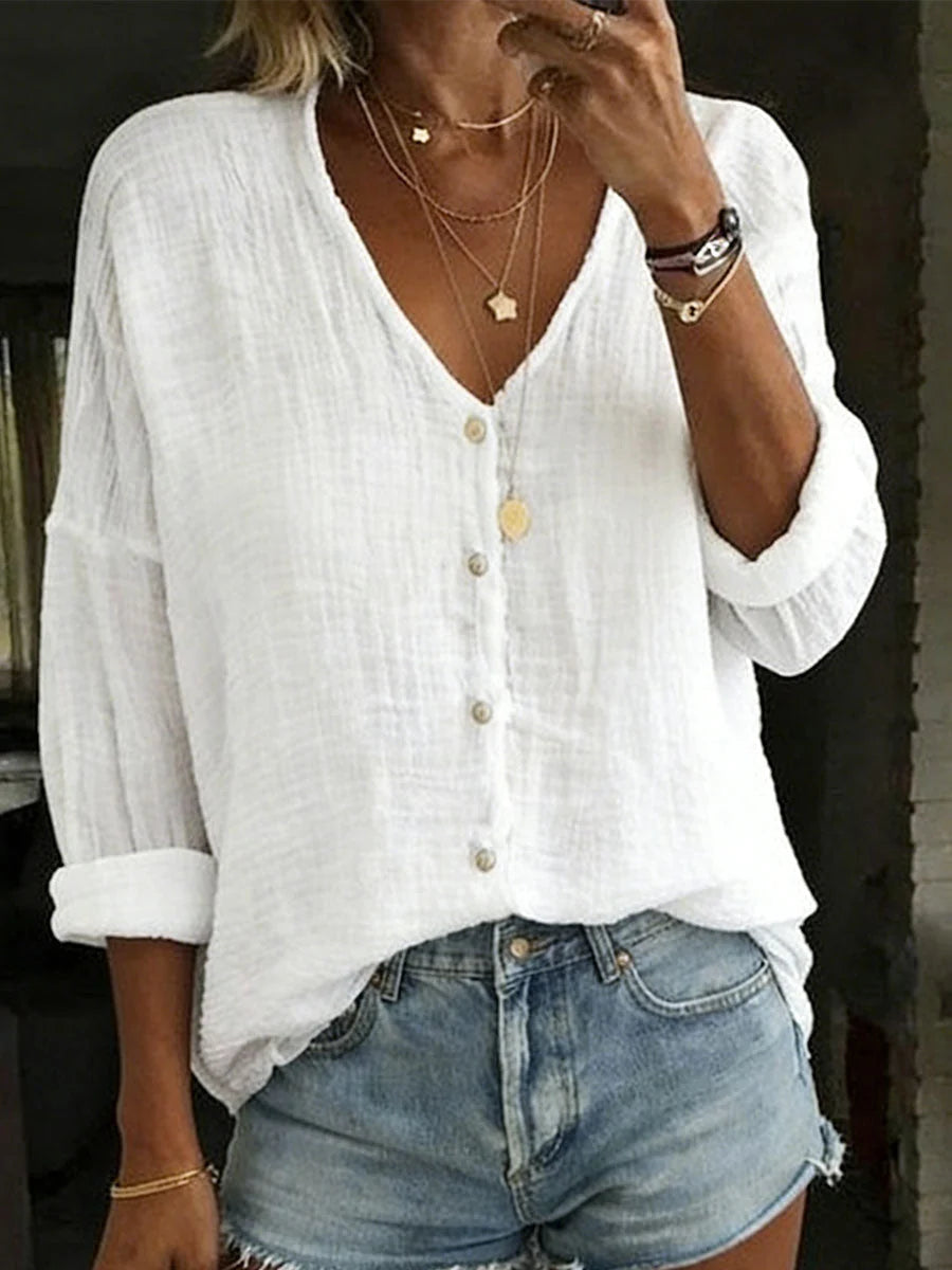 Women's Long-Sleeve Shirt Cotton-Linen Blend V-Neck Relaxed Fit