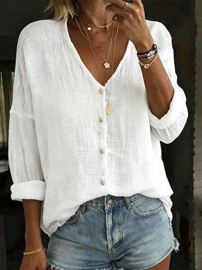 Women's Long-Sleeve Shirt Cotton-Linen Blend V-Neck Relaxed Fit