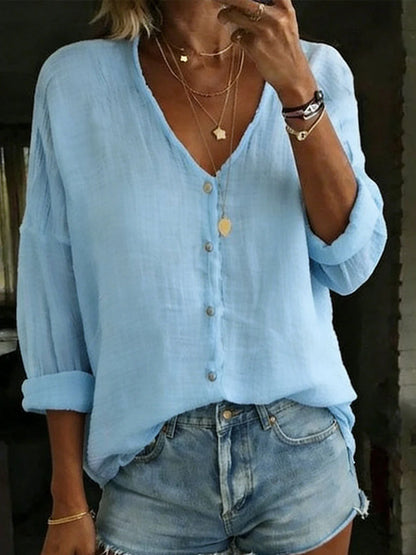 Women's Long-Sleeve Shirt Cotton-Linen Blend V-Neck Relaxed Fit