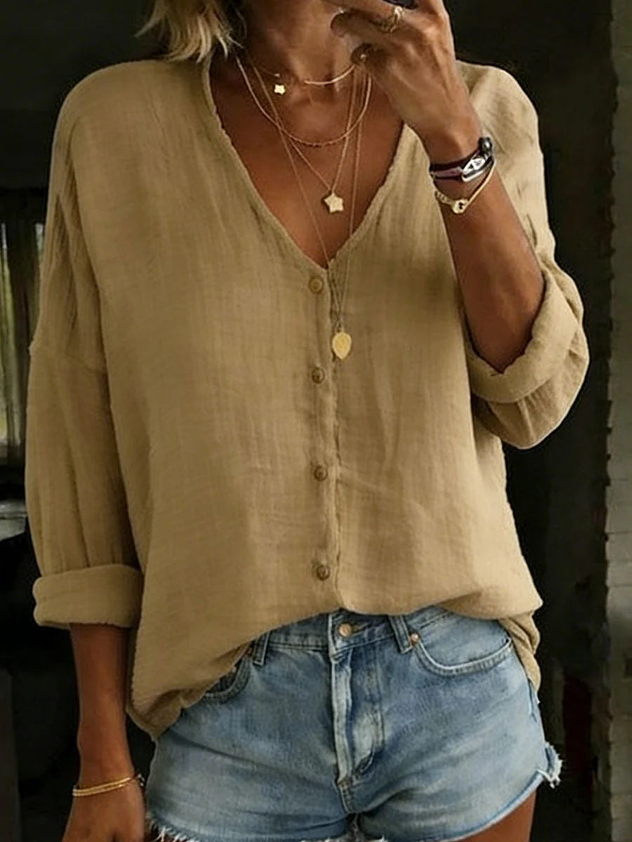 Women's Long-Sleeve Shirt Cotton-Linen Blend V-Neck Relaxed Fit