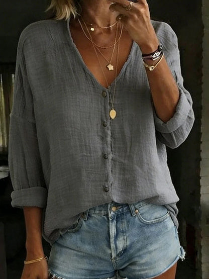 Women's Long-Sleeve Shirt Cotton-Linen Blend V-Neck Relaxed Fit