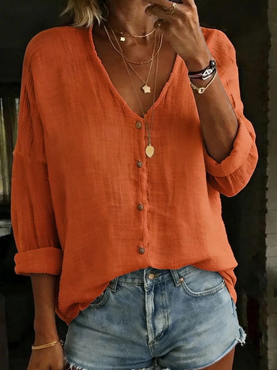 Women's Long-Sleeve Shirt Cotton-Linen Blend V-Neck Relaxed Fit