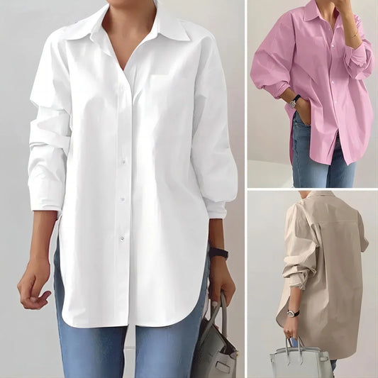 Women's Oversized Shirt Blouse Longline Hem Side Slits