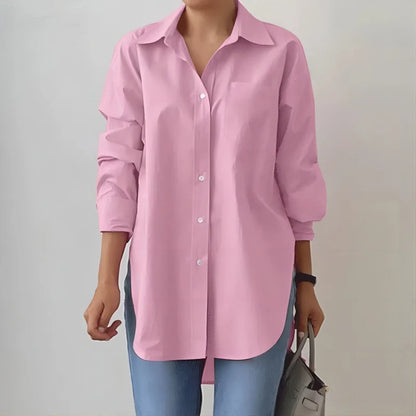 Women's Oversized Shirt Blouse Longline Hem Side Slits