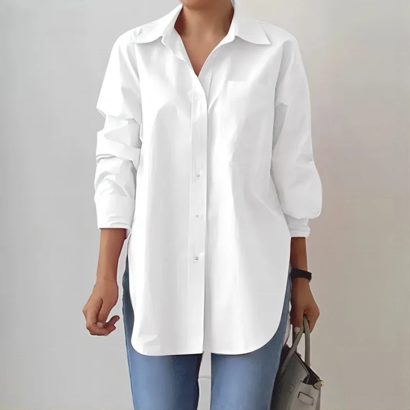 Women's Oversized Shirt Blouse Longline Hem Side Slits