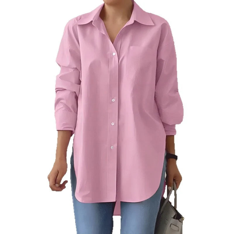 Women's Oversized Shirt Blouse Longline Hem Side Slits