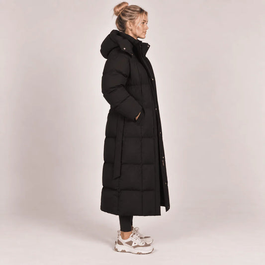 Women's Puffer Coat Longline Hooded Adjustable Belt