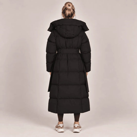 Women's Puffer Coat Longline Hooded Adjustable Belt