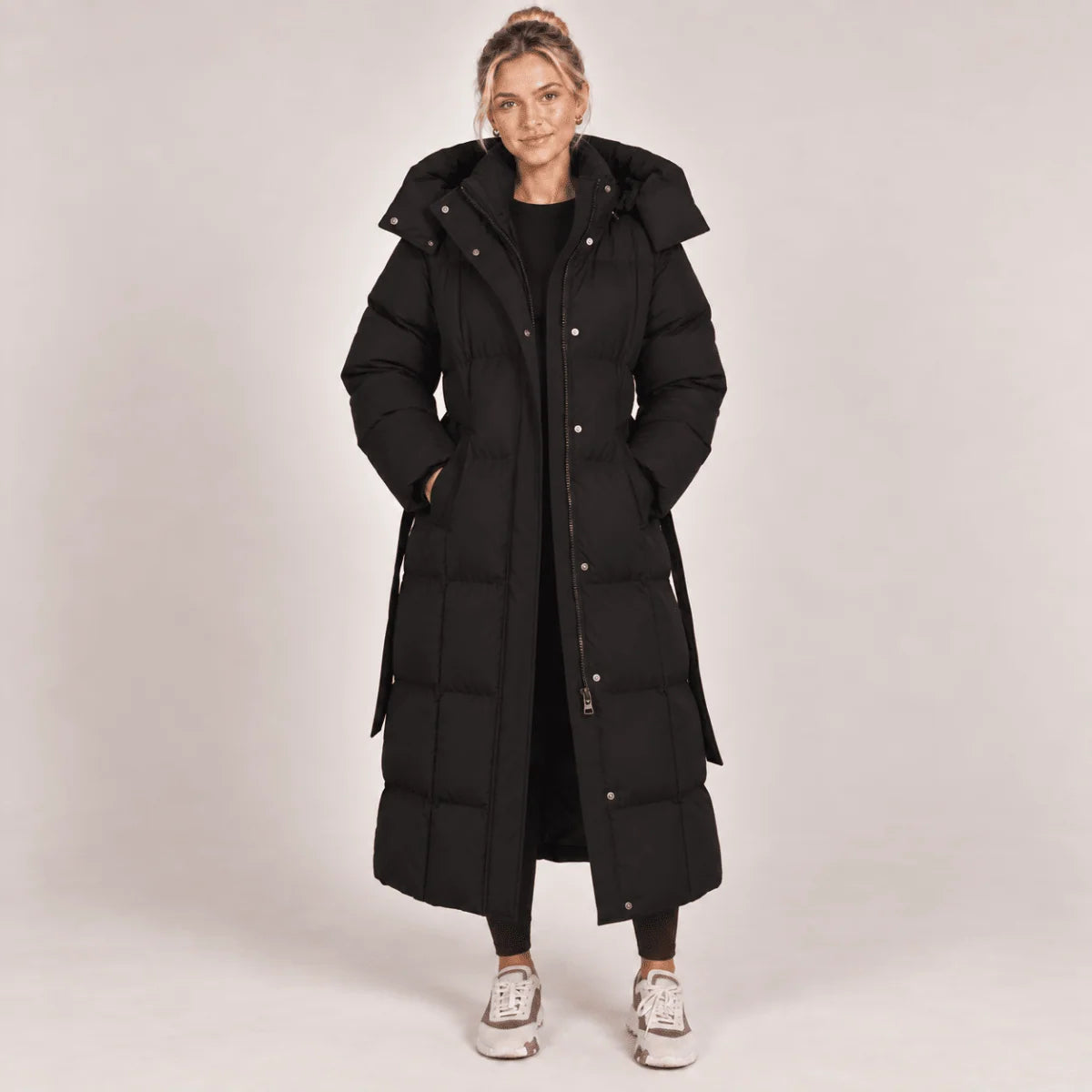 Women's Puffer Coat Longline Hooded Adjustable Belt