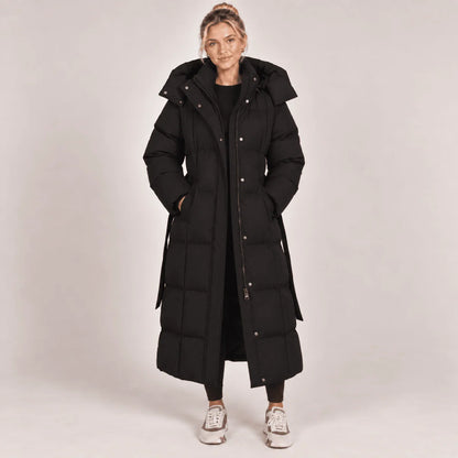 Women's Puffer Coat Longline Hooded Adjustable Belt