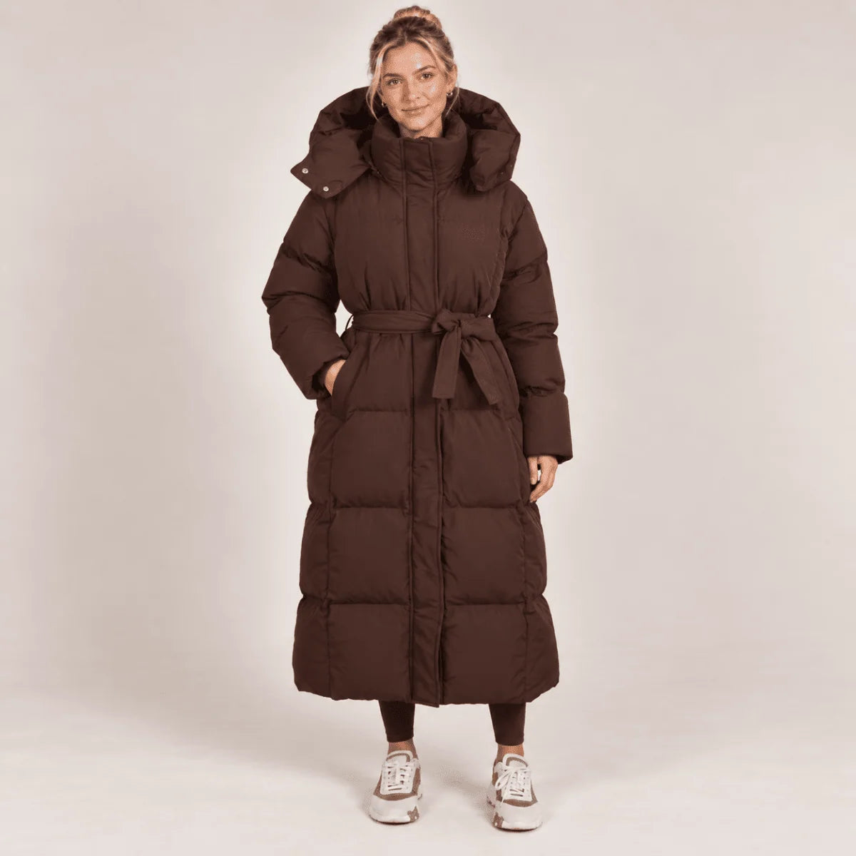 Women's Puffer Coat Longline Hooded Adjustable Belt