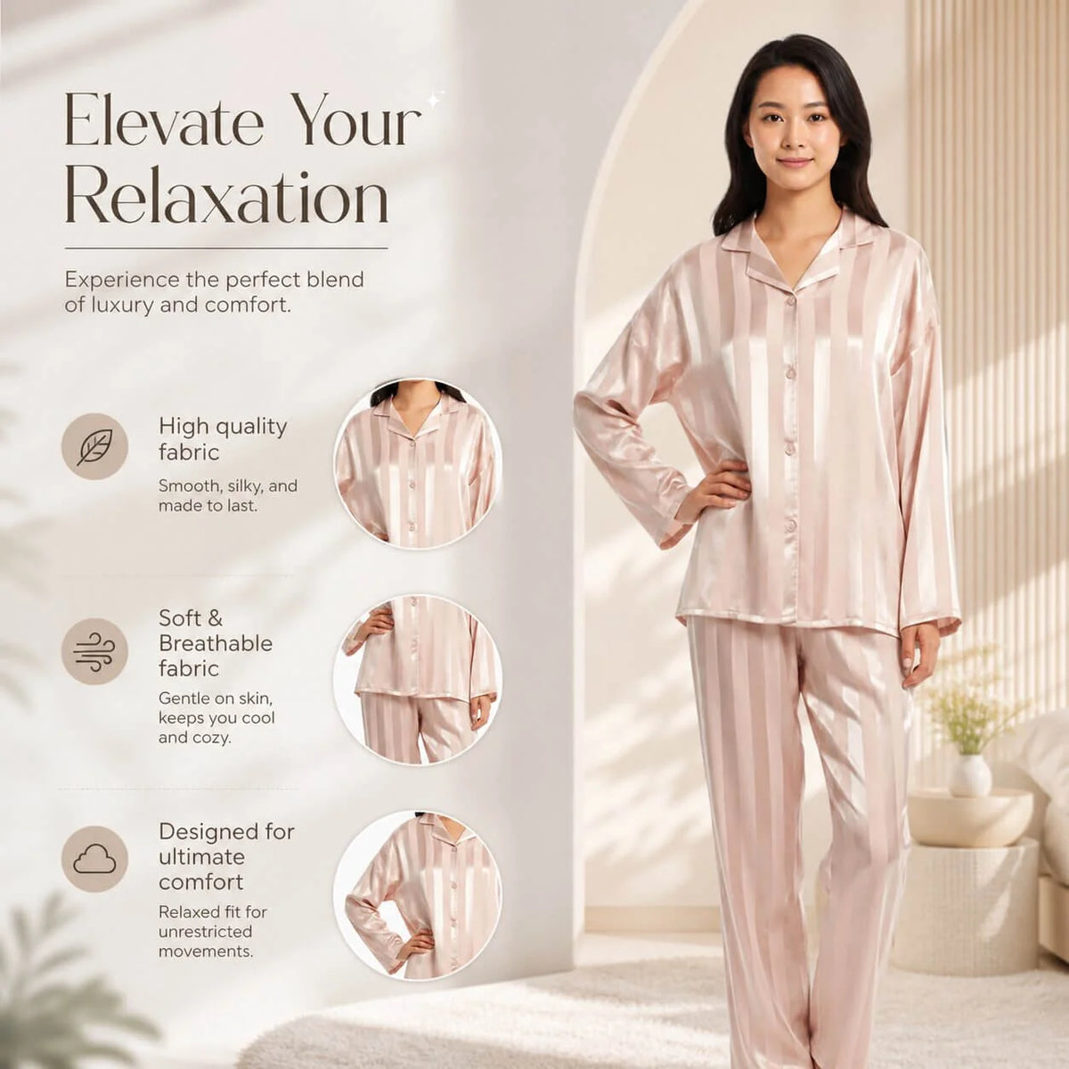 Women's Pyjama Set Satin-Feel Button-Up Two-Piece