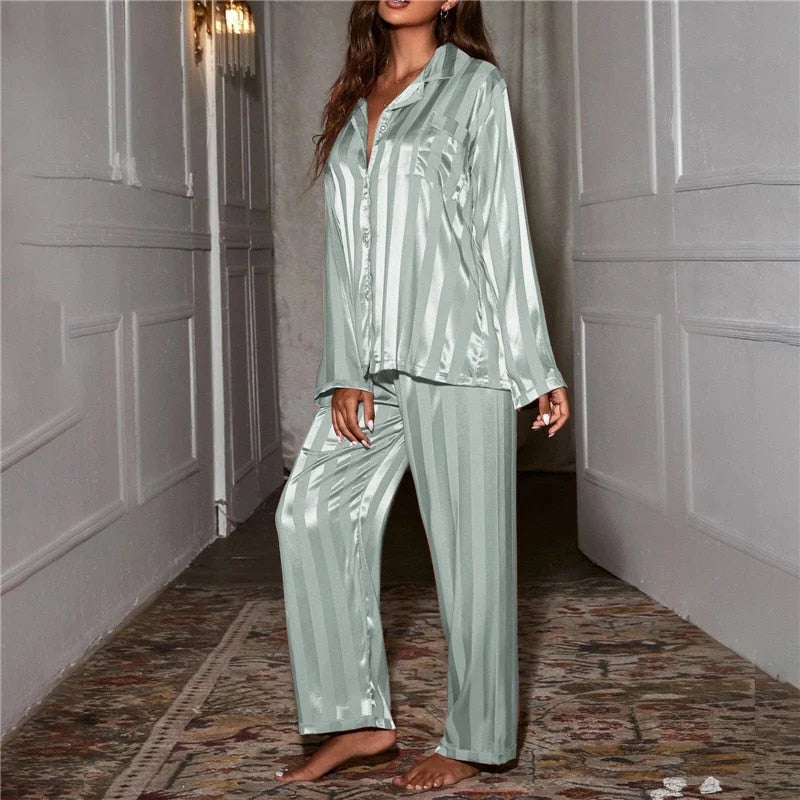 Women's Pyjama Set Satin-Feel Button-Up Two-Piece