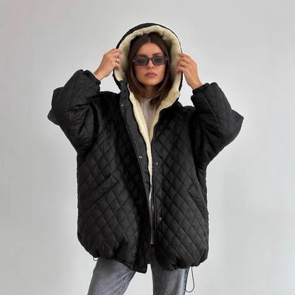 Women's Quilted Jacket Teddy Fleece Lined Hooded Oversized Fit