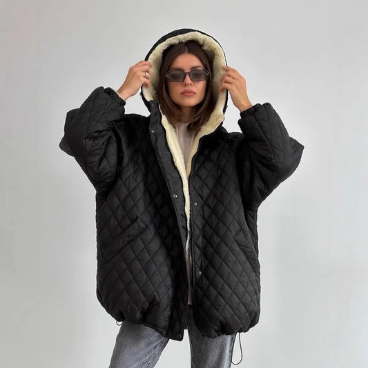 Women's Quilted Jacket Teddy Fleece Lined Hooded Oversized Fit