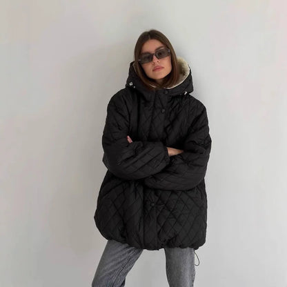 Women's Quilted Jacket Teddy Fleece Lined Hooded Oversized Fit