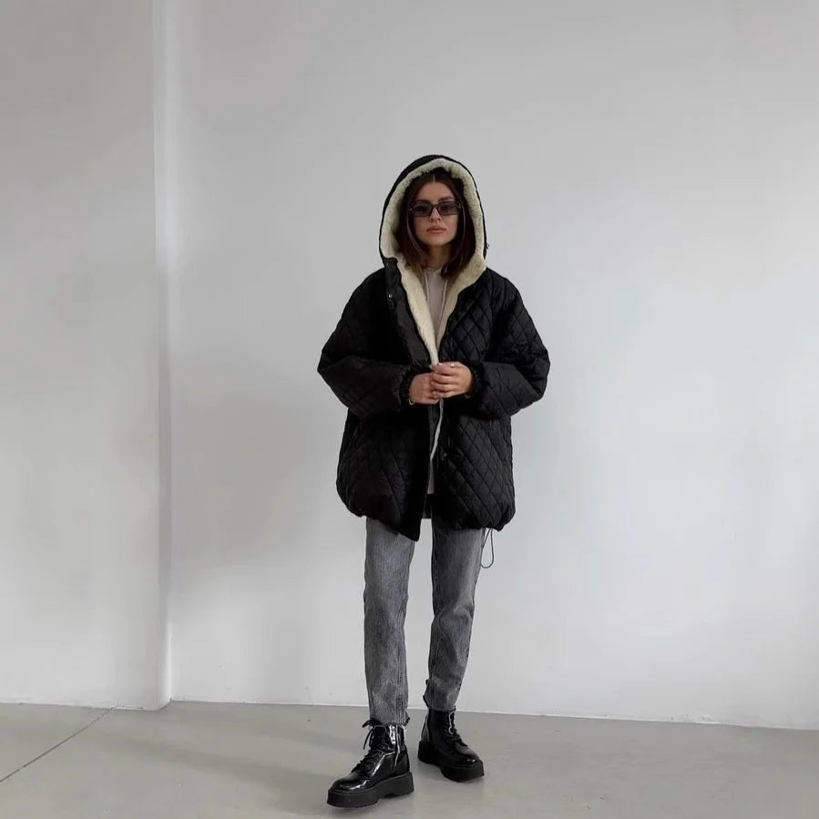 Women's Quilted Jacket Teddy Fleece Lined Hooded Oversized Fit