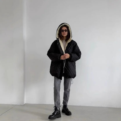 Women's Quilted Jacket Teddy Fleece Lined Hooded Oversized Fit