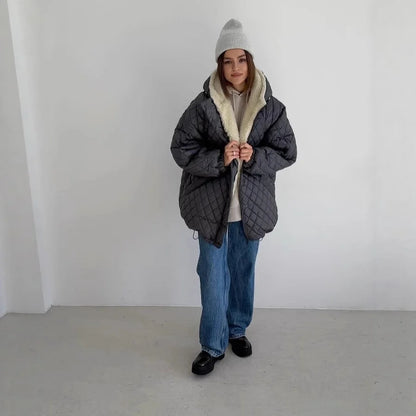 Women's Quilted Jacket Teddy Fleece Lined Hooded Oversized Fit