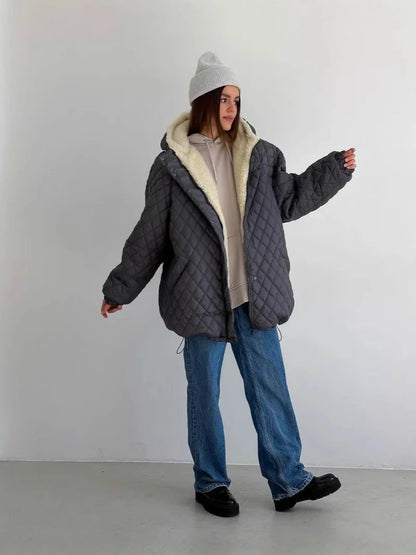Women's Quilted Jacket Teddy Fleece Lined Hooded Oversized Fit