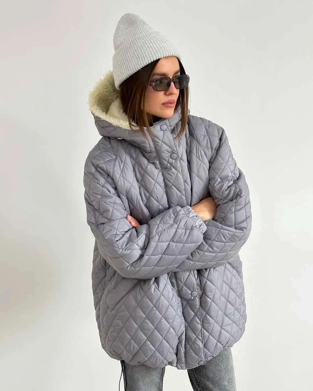 Women's Quilted Jacket Teddy Fleece Lined Hooded Oversized Fit