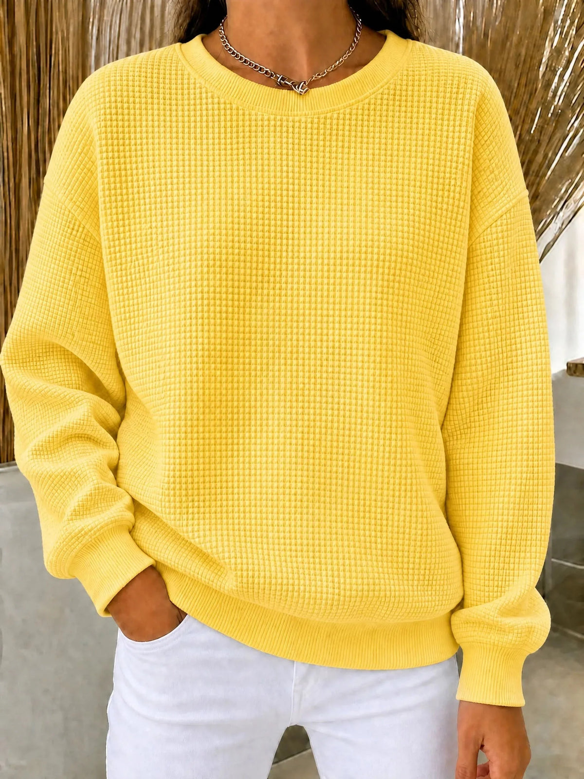 Women's Sweatshirt Waffle Knit Quarter-Zip Cotton Blend Relaxed Fit