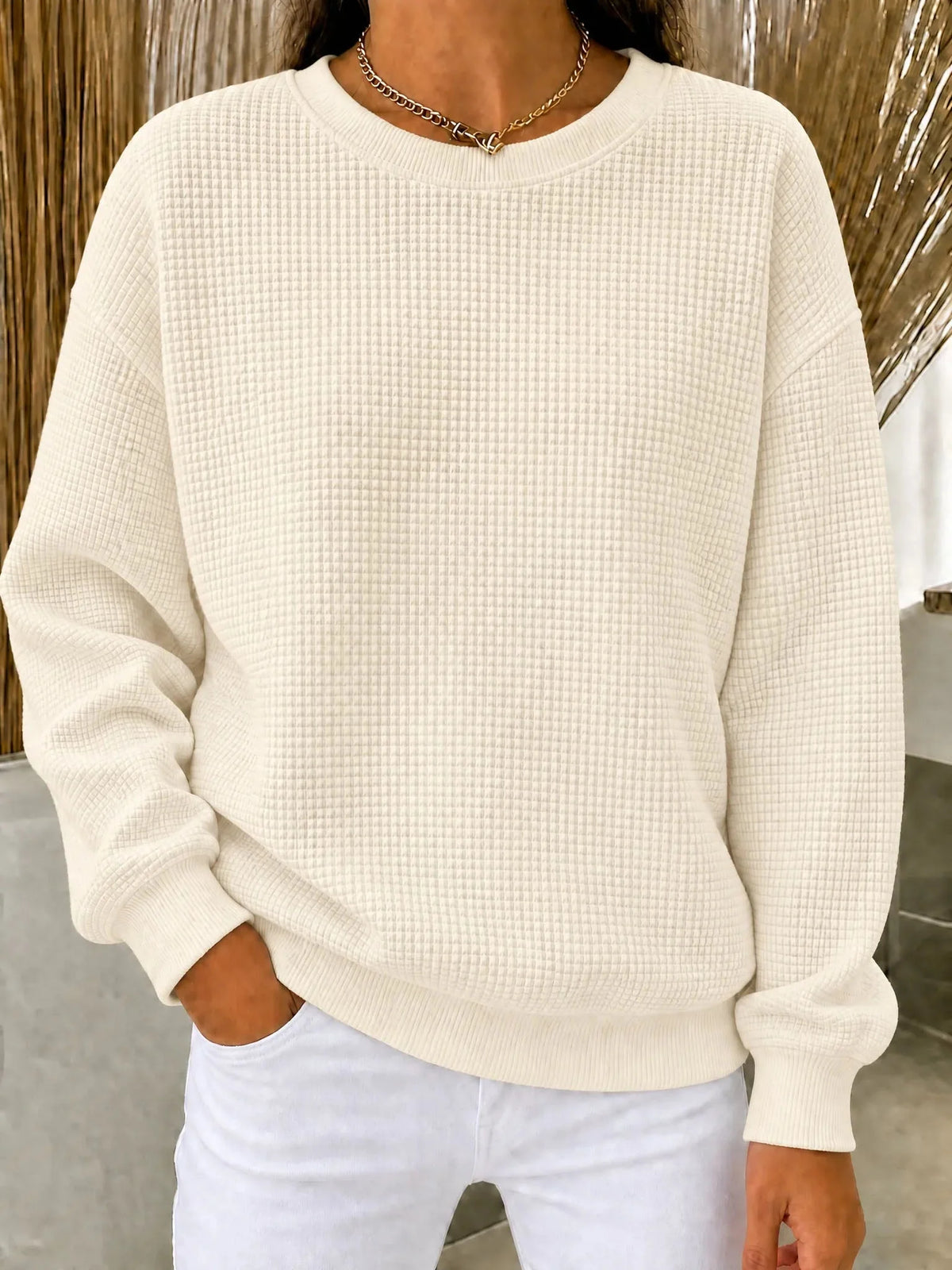 Women's Sweatshirt Waffle Knit Quarter-Zip Cotton Blend Relaxed Fit