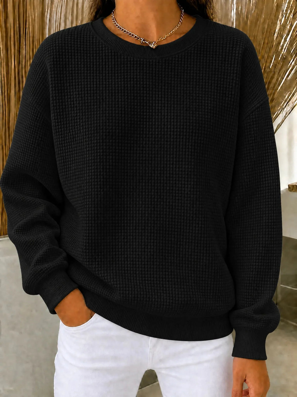 Women's Sweatshirt Waffle Knit Quarter-Zip Cotton Blend Relaxed Fit
