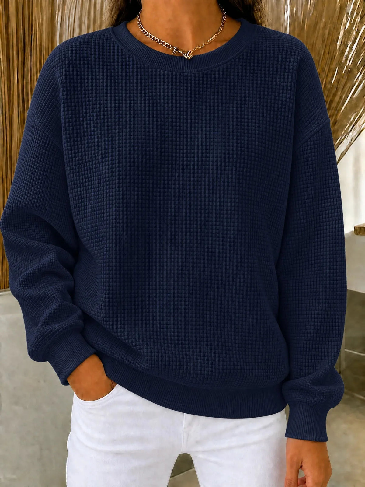Women's Sweatshirt Waffle Knit Quarter-Zip Cotton Blend Relaxed Fit