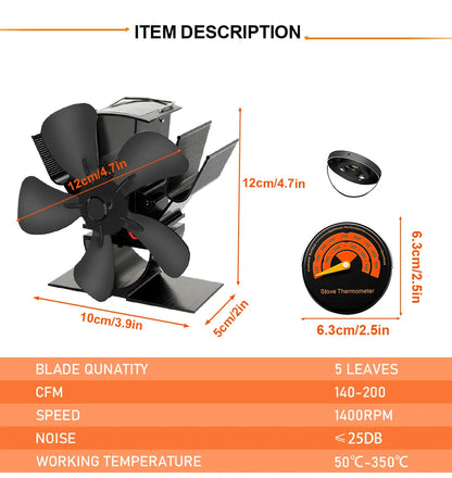 Wood Stove Fan Heat-Powered Quiet Even Heat Distribution