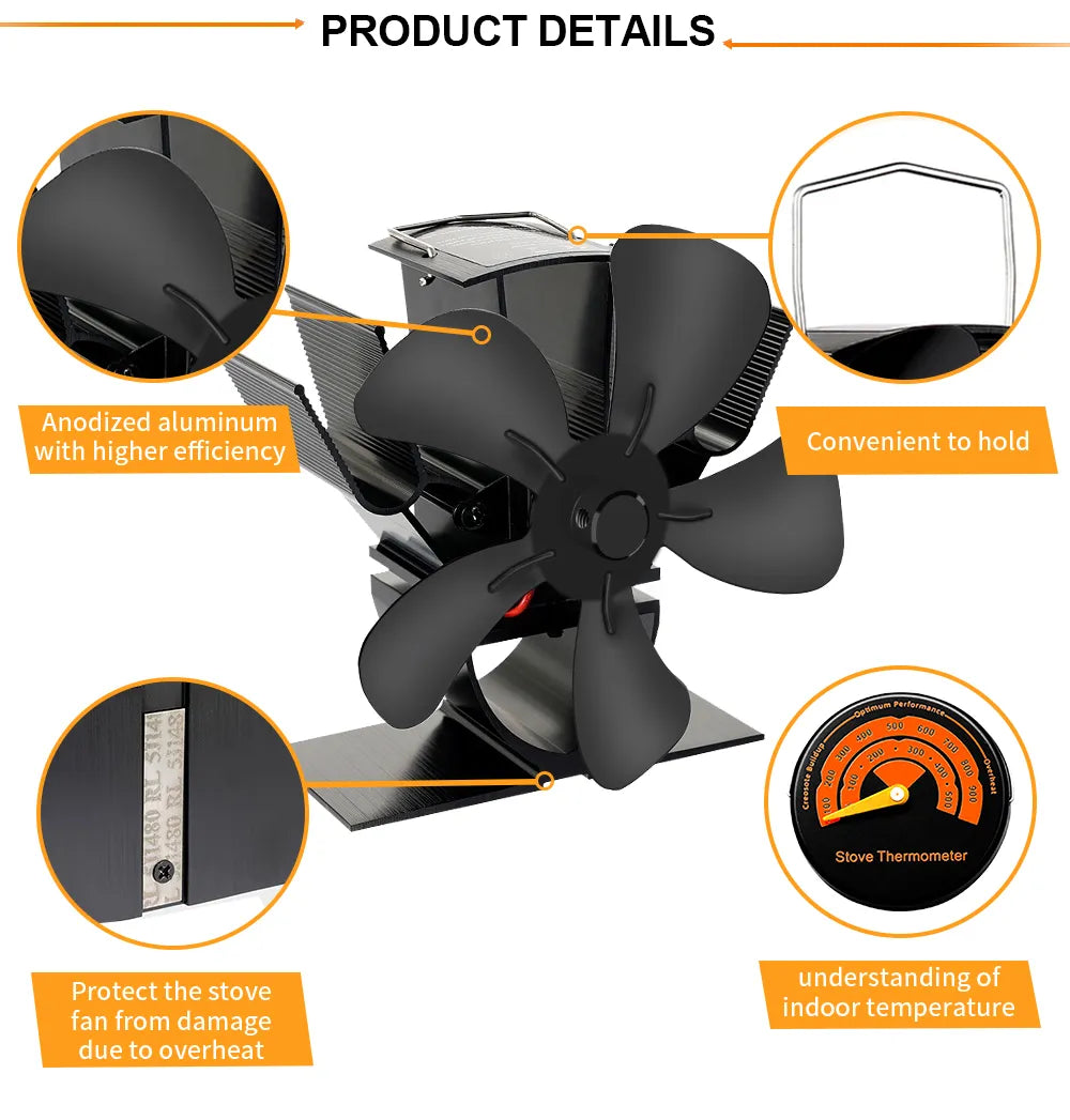 Wood Stove Fan Heat-Powered Quiet Even Heat Distribution