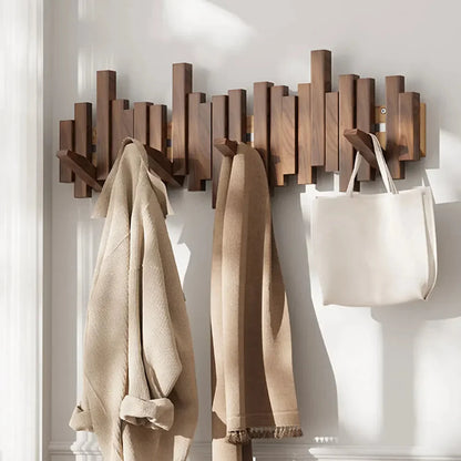 Wooden Coat Rack with Foldaway Hooks – Entryway Wall Organizer