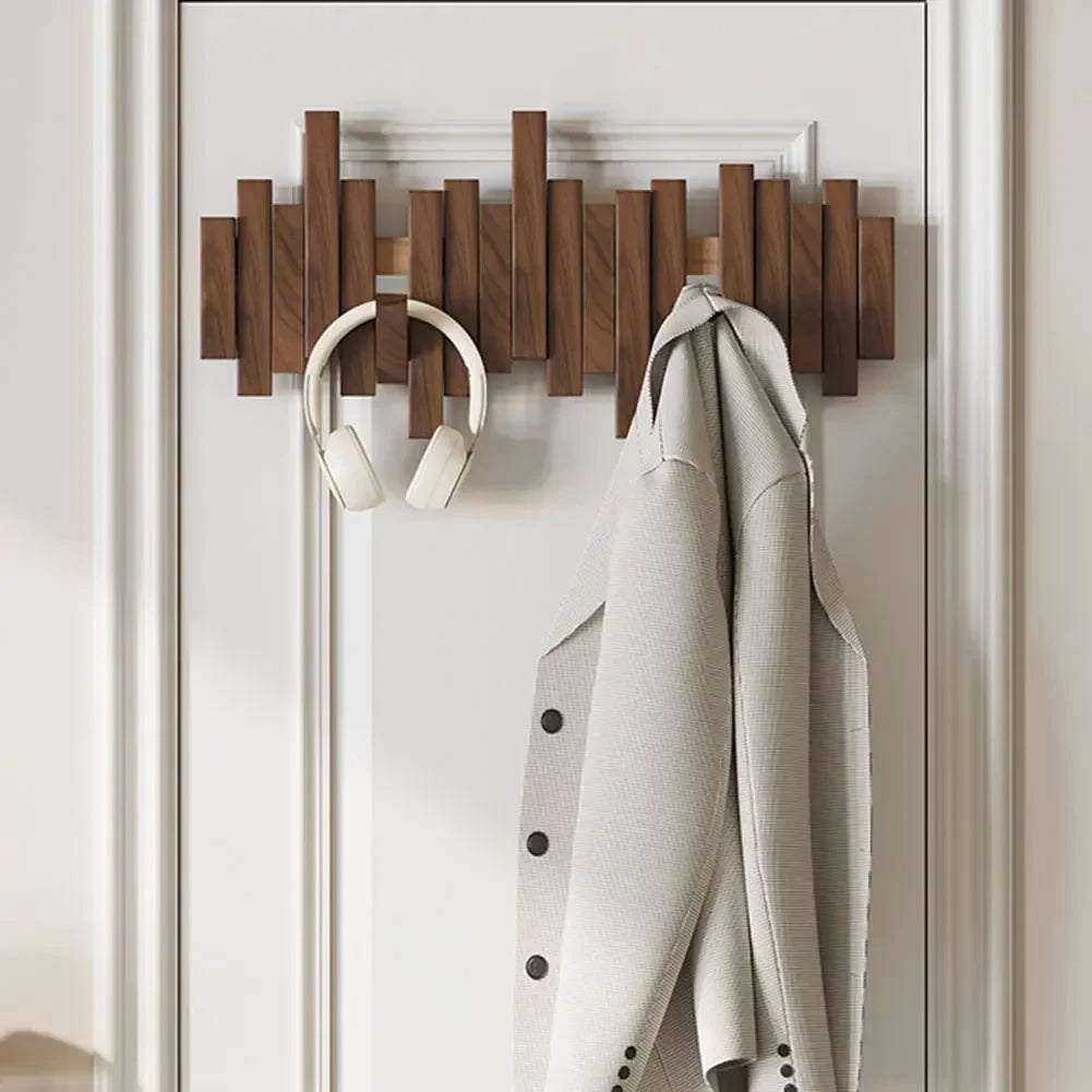 Wooden Coat Rack with Foldaway Hooks – Entryway Wall Organizer