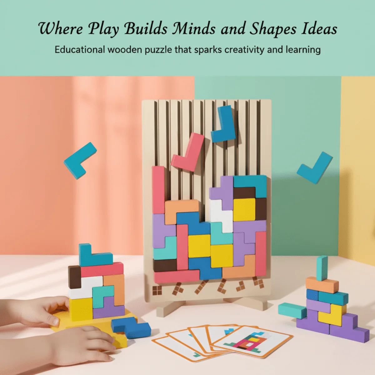 Wooden Stacking Game Colorful Tetris Blocks Non-Toxic Paint
