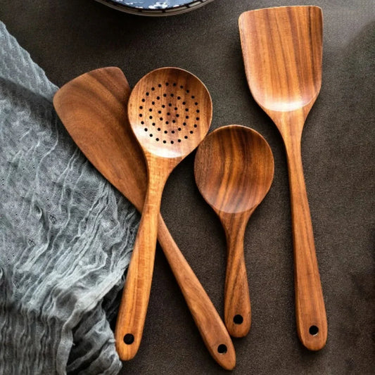 Wooden Utensil Set With Holder Set of 5