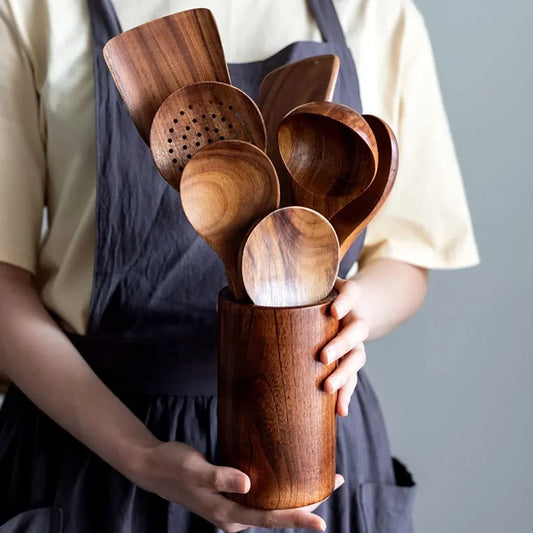 Wooden Utensil Set With Holder Set of 5