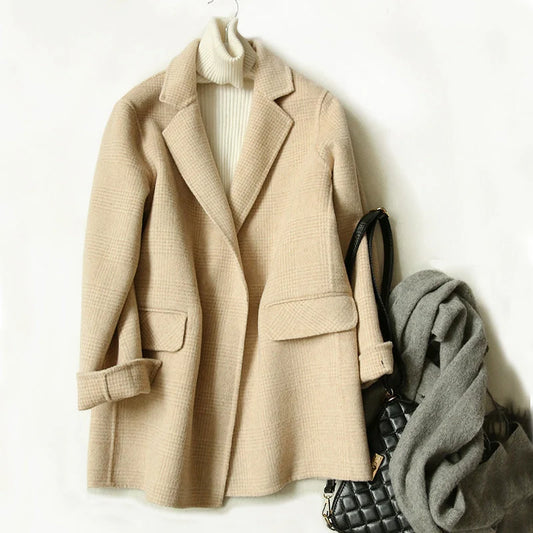 Wool Coat Checked Pattern Notched Collar Button Front