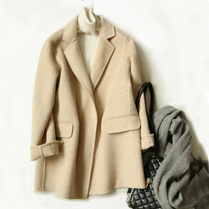 Wool Coat Checked Pattern Notched Collar Button Front